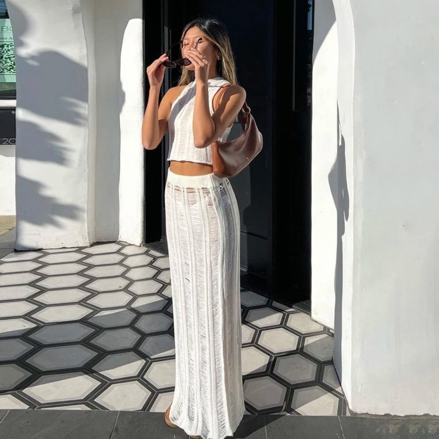Women 2 Piece Breathable Cover Up, Summer Outfits Sleeveless Hollow Out Tank Crop Tops + Long Skirt Set