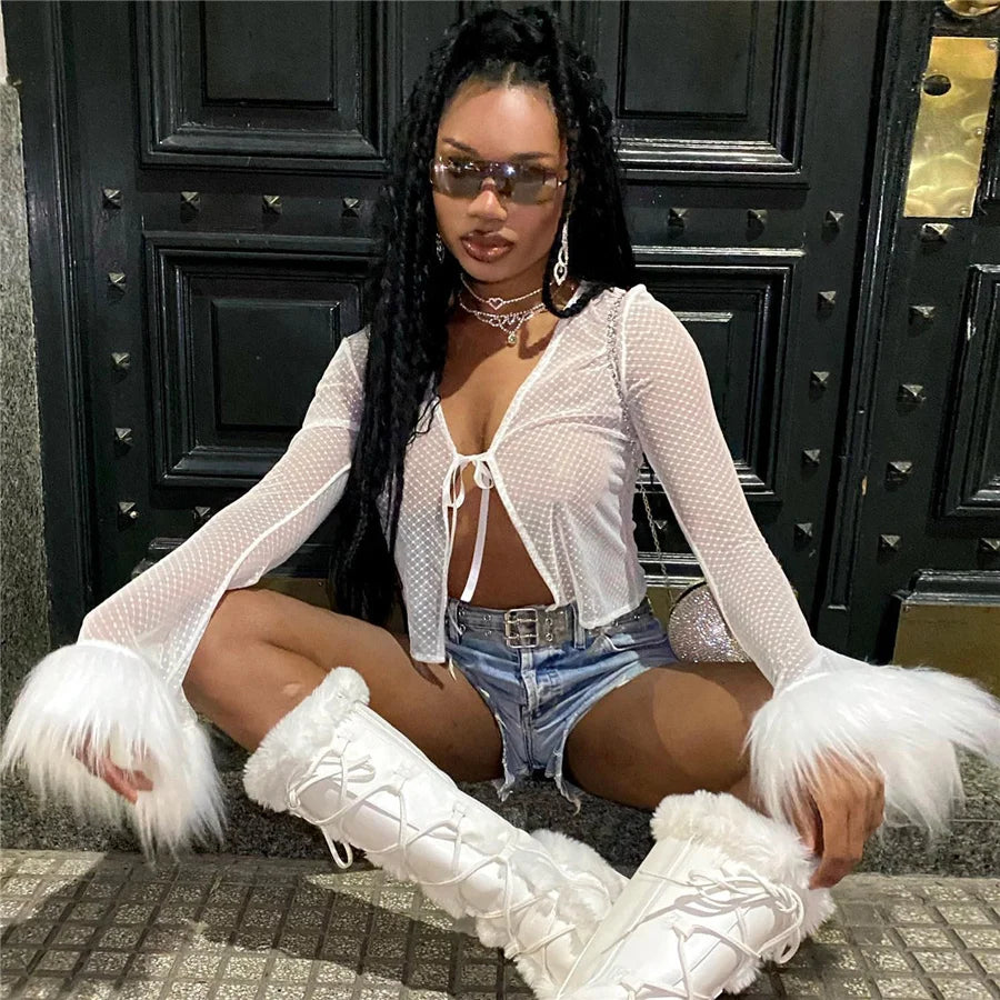 Sheer Long Sleeve Feather Women's Blouses Street Wear Ladies' Blouses Shirts