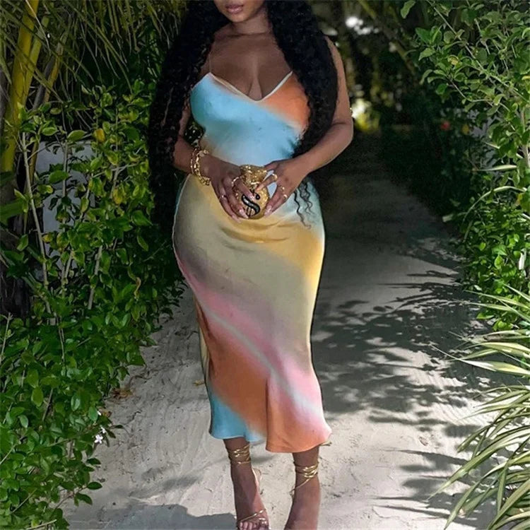 Women's Sexy V-Neck Backless Rainbow Print Slit Dress Summer Fashion Party Office Lady Maxi Dress