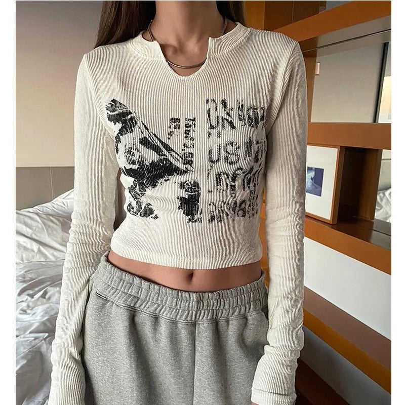 Women Y2k Long Sleeve Crop Top T-shirt Slim Fit Graphic Print Goth Hiphop Tee Tops Vintage Harajuku Blouse Streetwear