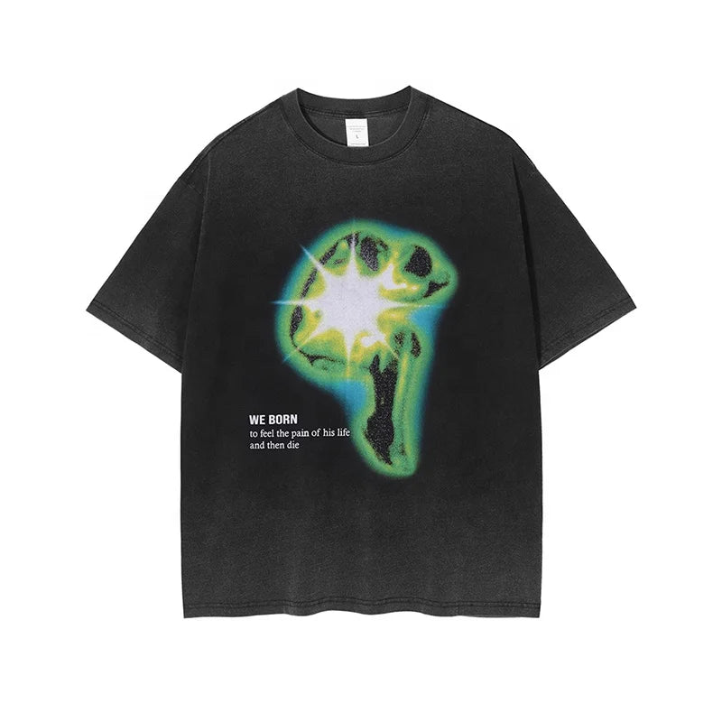 "WE BORN" - Acid Wash Crewneck T-shirt, oversized tshirt, summer men's tshirt