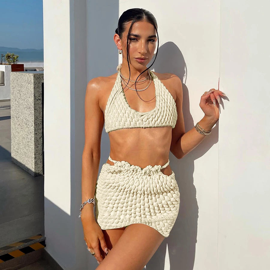 Women Crochet Knit Mini Skirt Sets Patchwork Ribbed Tops and Short Skirts Suits Solid Color Casual Summer Beach Wear
