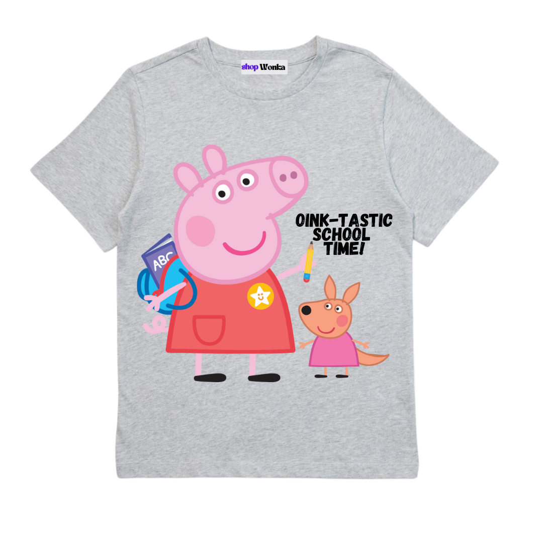 Peppa Pig School Time- Customisable Kids T-shirt (Gray)