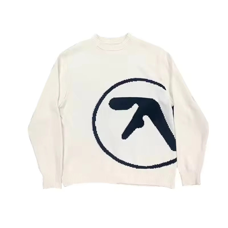 "Cozy, oversized knit vintage sweater inspired by Aphex Twin, featuring a relaxed fit and subtle detailing, perfect for a nostalgic, alternative fashion look."