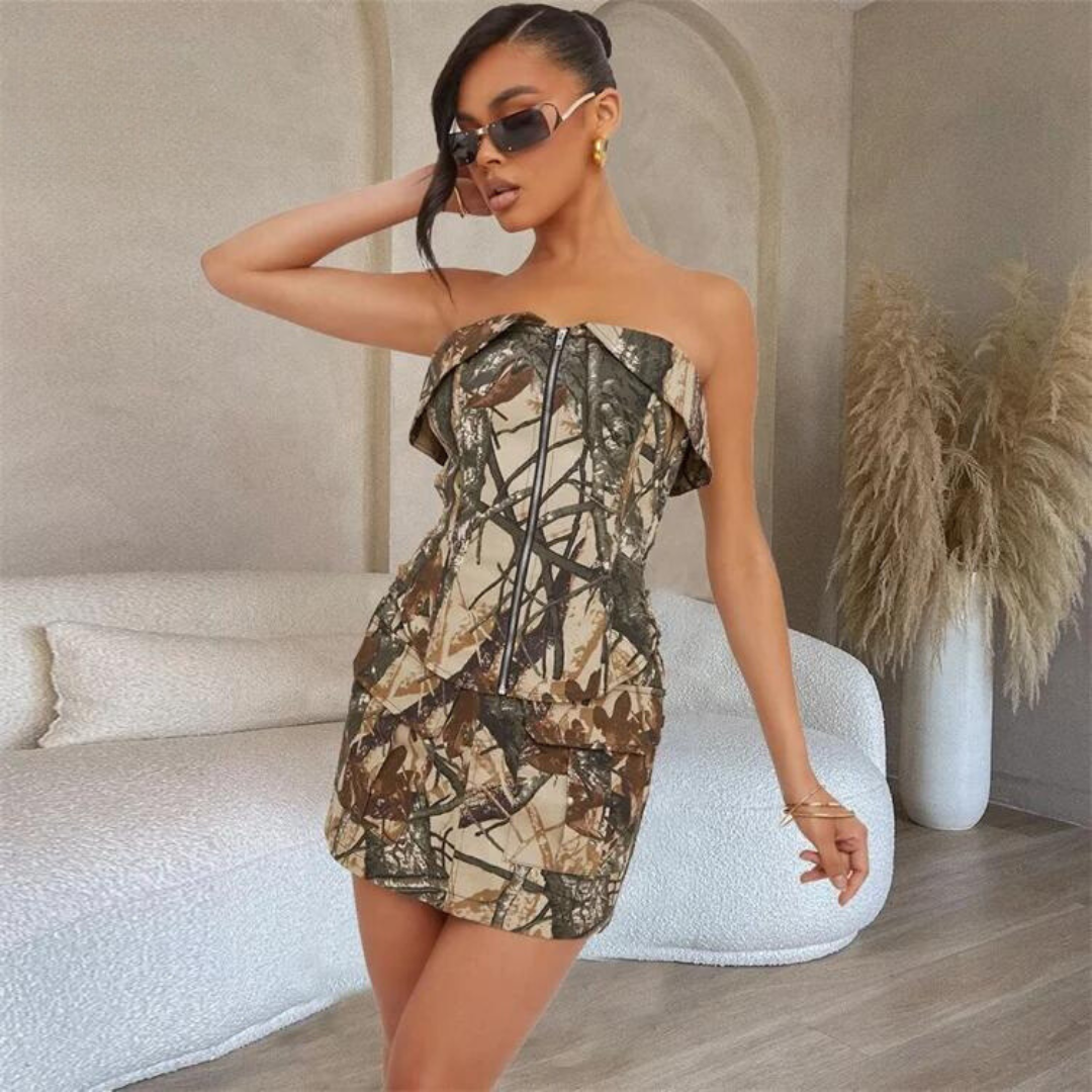 Zip Detail Corset Top In Brown Camo