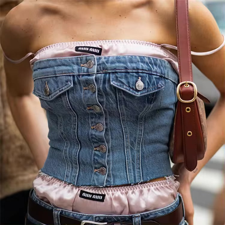 Womens Sexy Blue Backless Denim Corset Crop Top Off Shoulder Sleeveless Bustier Tops
 