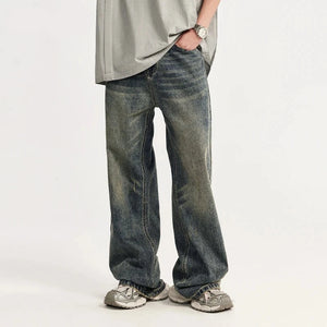 Distressed Wide-leg Jeans with Whiskering - Baggy Denim, Men's Pants, Denim Pants 