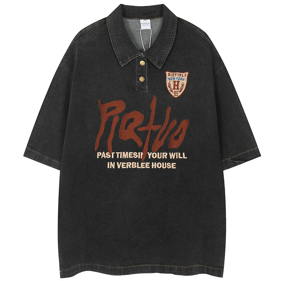 Embroidered Threads - Vintage Denim Polo, denim men's shirt, polo tshirt