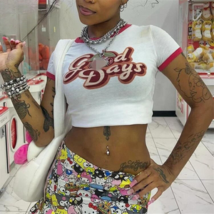 Slim T-shirt Vintage Women Letters Print Short Sleeve Baby Tee Y2k Clothes Crop Top