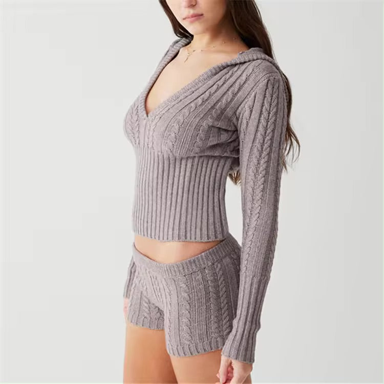 Soild Hooded Knitted Cropped Sweater Pullovers & Slim Fit Shorts