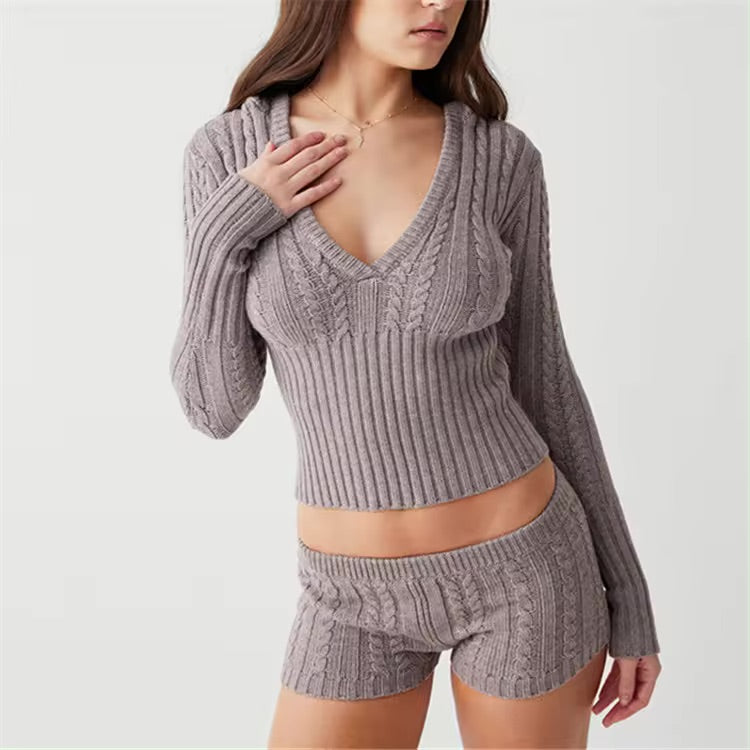 Soild Hooded Knitted Cropped Sweater Pullovers & Slim Fit Shorts