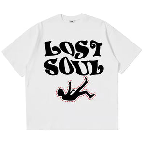 "Bold graphic t-shirt featuring 'LOST SOUL' design with an oversized, loose fit, crafted from soft cotton for a comfortable and edgy look."