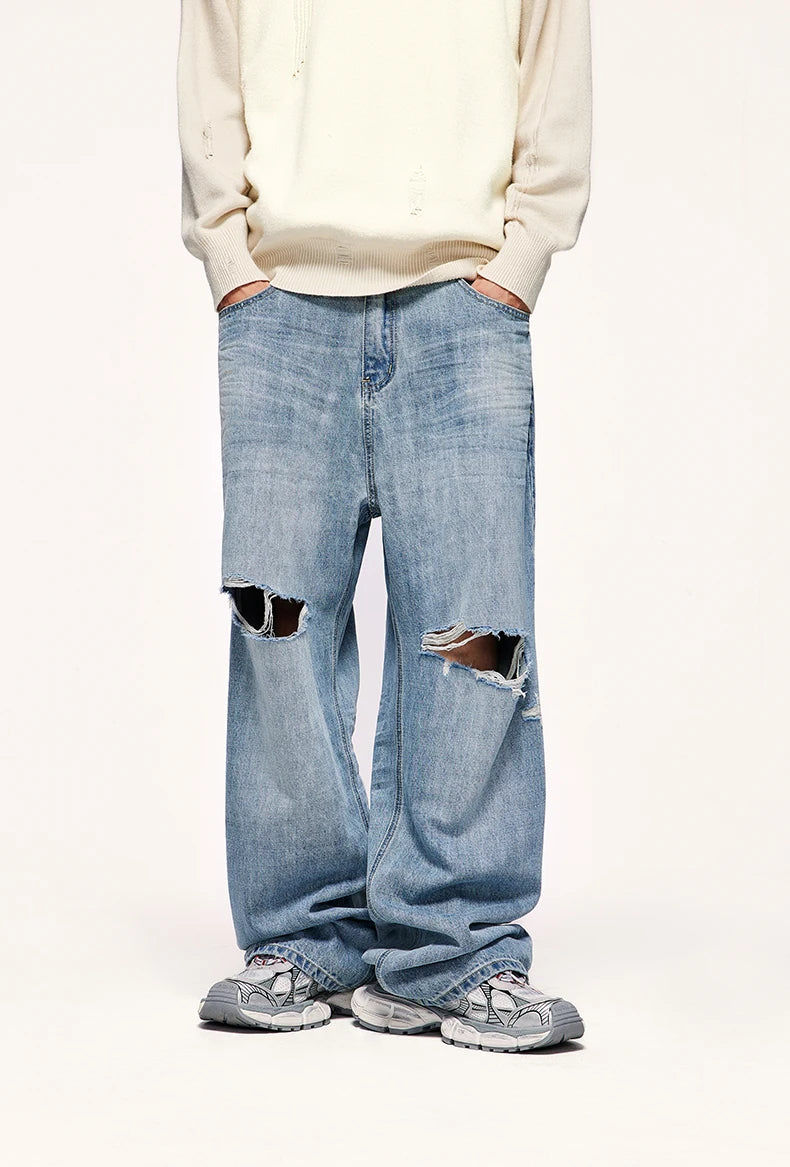 Ripped Baggy Wide-Leg Jeans, Oversized Pants, Men's Pants