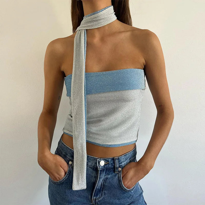 Glitter Blue Tube Top with Scarf