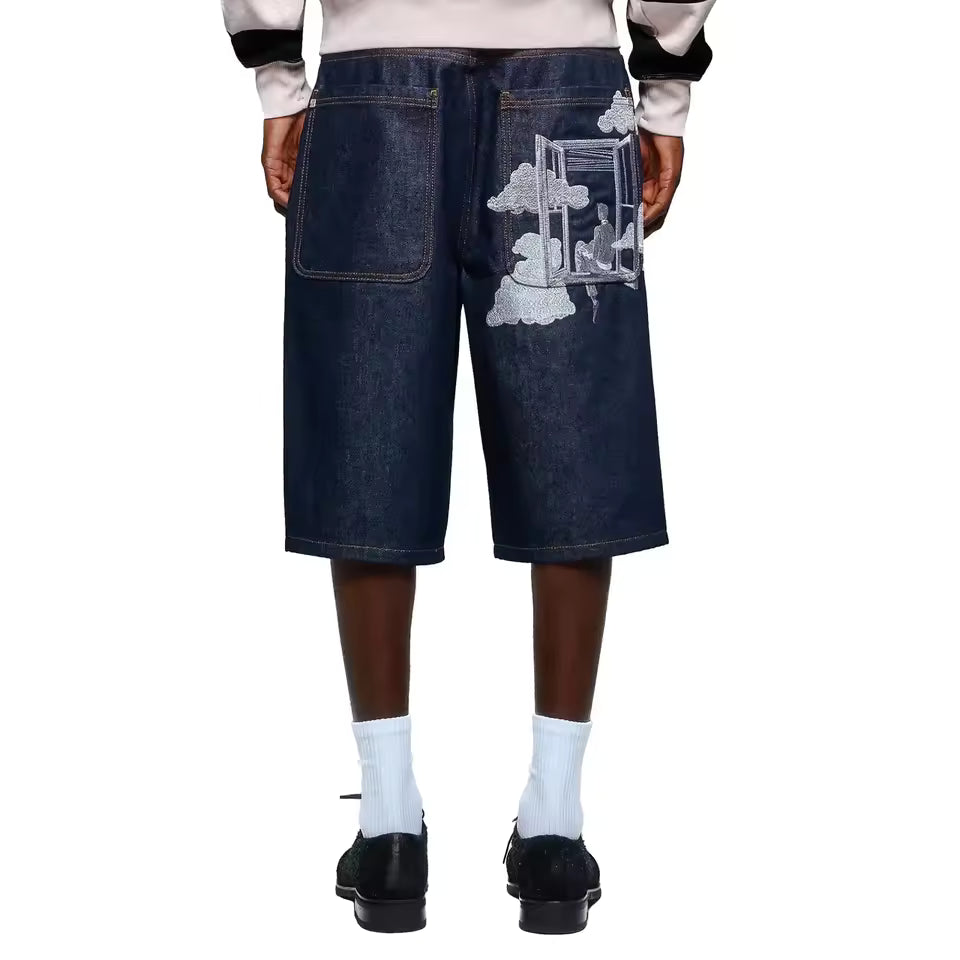 Embroidered Denim Jorts in Deep Blue