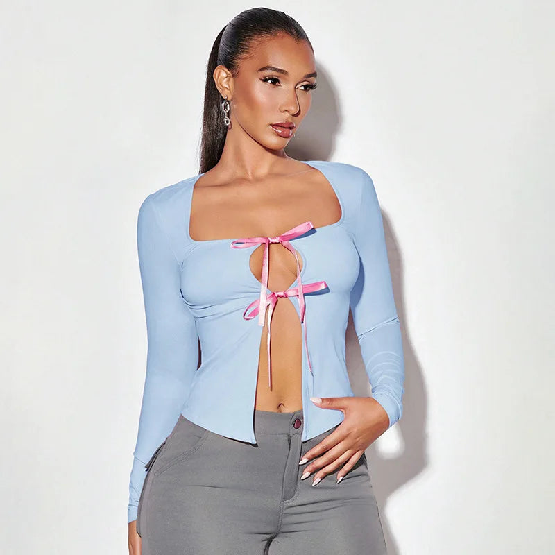 Ribbon Tie Front Long Sleeve Top