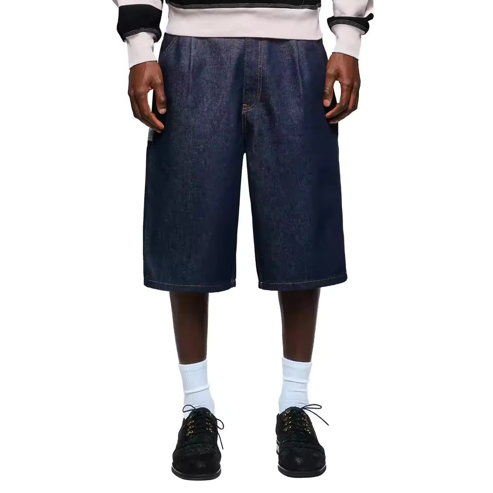 Embroidered Denim Jorts in Deep Blue