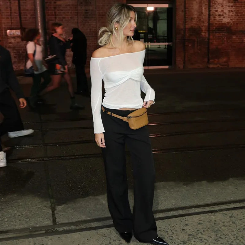 Ruched Off Shoulder See-Through Top