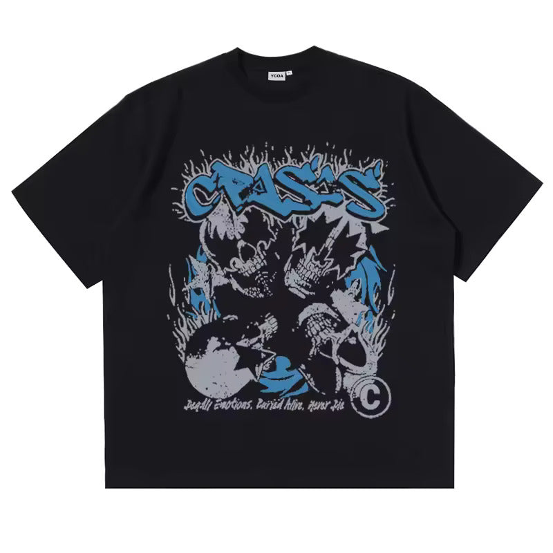 "Bold oversized streetwear graphic t-shirt featuring detailed skull artwork, designed for a relaxed fit and edgy, rebellious style."