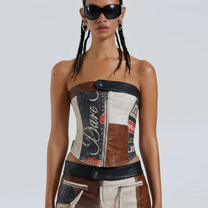Leather corset, printed design, zip up and a button up sleeveless top