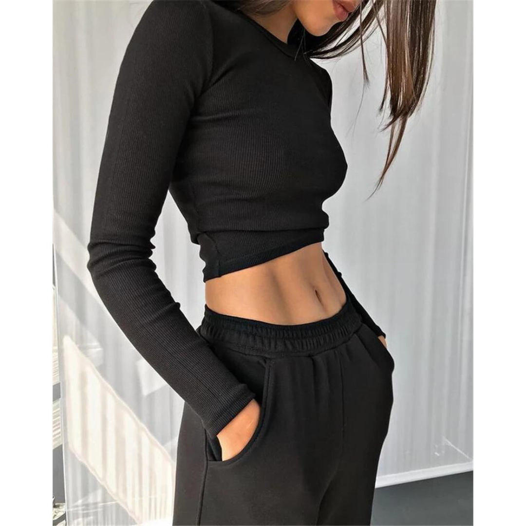 Ribbed Long Sleeve Plain Crop Top