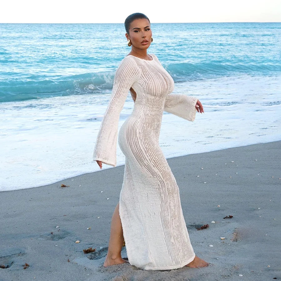 Women's Sheer Knitted Long Dress Boat Neck Backless Long Sleeve Solid Color Maxi Dress