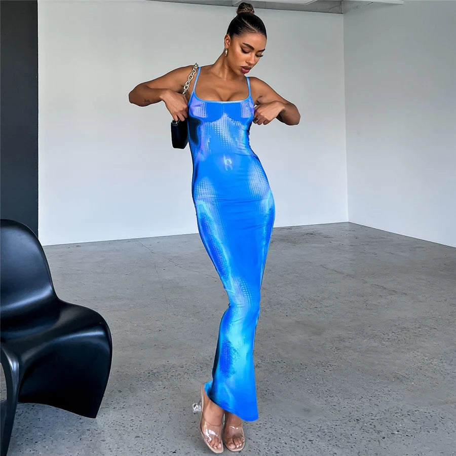 New arrivals 2023 spring fashion Spaghetti Strap 3D print elegant casual prom maxi dress

