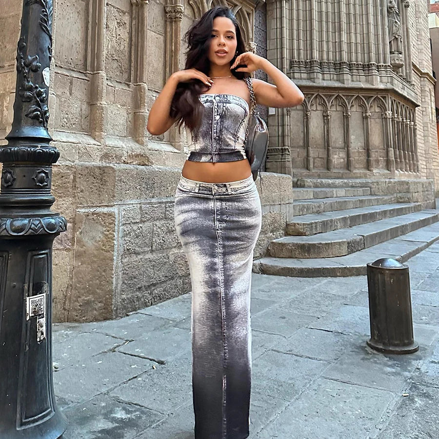 Denim Print Women 2 Piece Set Skinny Chic Hipster Strapless Tops + Maxi Skirts Matching Casual Streetwear Outfits