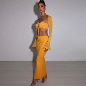 Women  Solid Tube Crop Top Backless Shirt Mesh Long Sleeve Long Skirt Slim Set