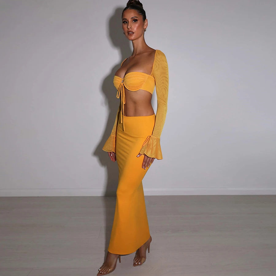 Women  Solid Tube Crop Top Backless Shirt Mesh Long Sleeve Long Skirt Slim Set
