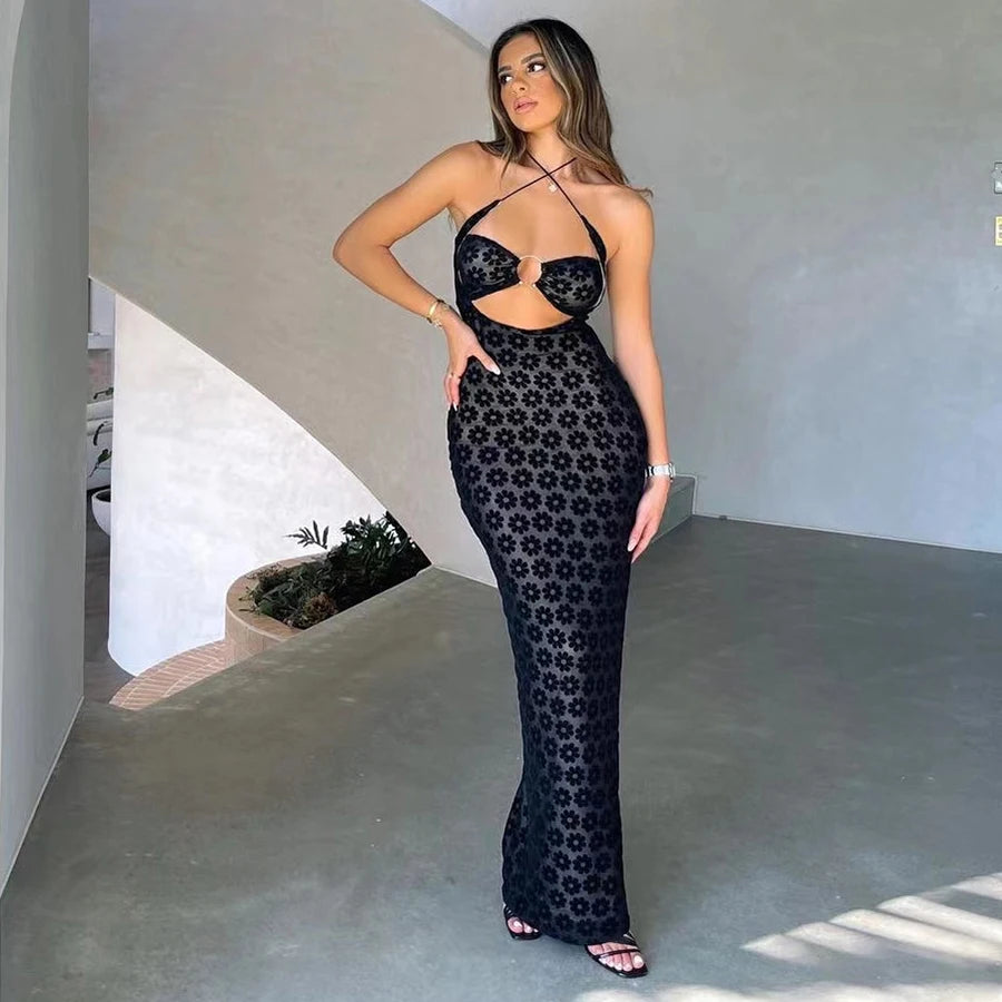 Halter Mesh Patchwork See Through Maxi Dress Women Sexy Lace Up Sleeveless Cleavage 