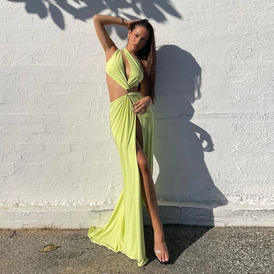 One Shoulder Backless Cut Out Slit Maxi Dress Women Party Beach Vacation Long Dresses 