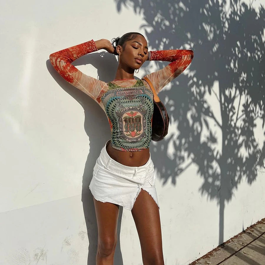 Women's Sexy Mesh See Through T Shirt Fashion Money Print Long Sleeve Crop Top Slim Tee Tops