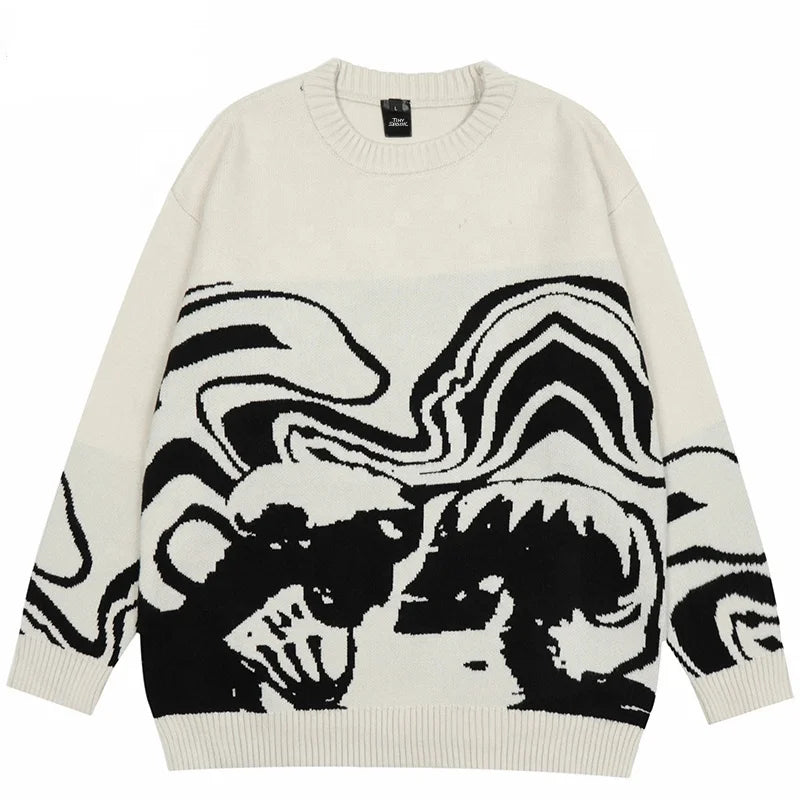 Monochrome Retro Crewneck Sweater, Oversized Sweater, Men' Sweater, Classic Sweater