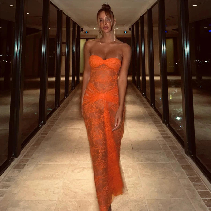 See Through Lace Strapless Long Dresses Orange Sexy Summer Beach Cover Up Dress Vacation Outfits for Women 