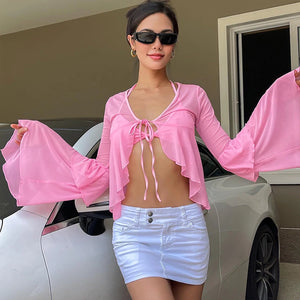 Women's Sheer Lace Up Cardigan Sexy See Through Flare Long Sleeve Ruffles Hem Crop Tops for Party Club Streetwear