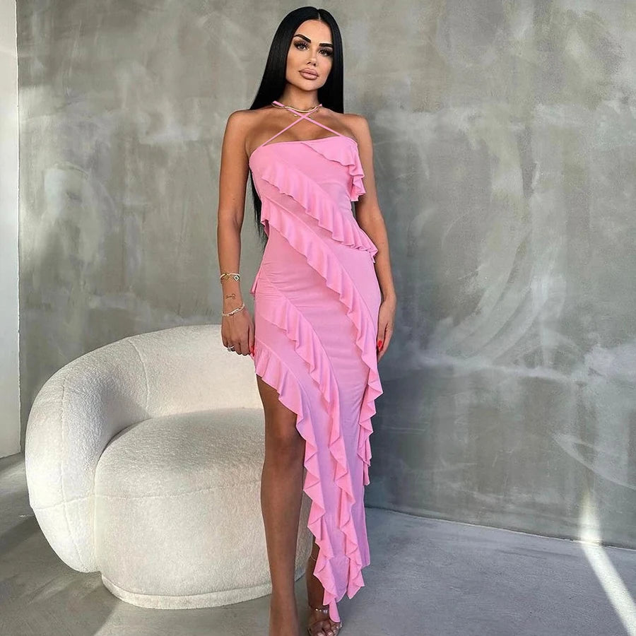 Off Shoulder Folded Lotus Leaf Backless Maxi Dress Elegant Bodycon Festival Party Y2K Long Dress