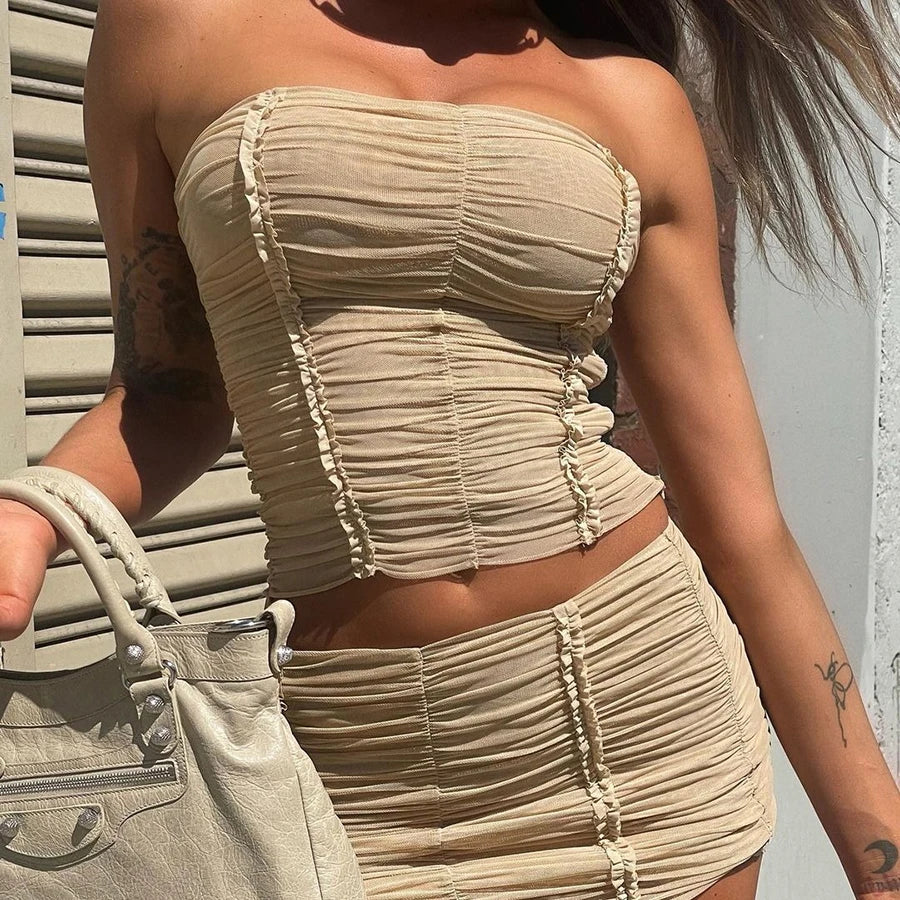 New Fashion 2-Piece Women Summer Outfit Solid Color Ruched Strapless Tops + Low-Waist Skirt Set 