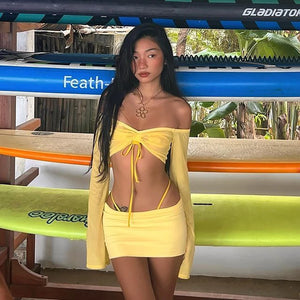 Y2k Sexy Two Piece Short Sets Womens Outifits Yellow Off Shoulder Long Sleeve Crop Top and Skirts Sets