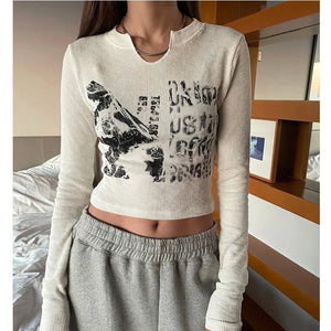 Women Y2k Long Sleeve Crop Top T-shirt Slim Fit Graphic Print Goth Hiphop Tee Tops Vintage Harajuku Blouse Streetwear