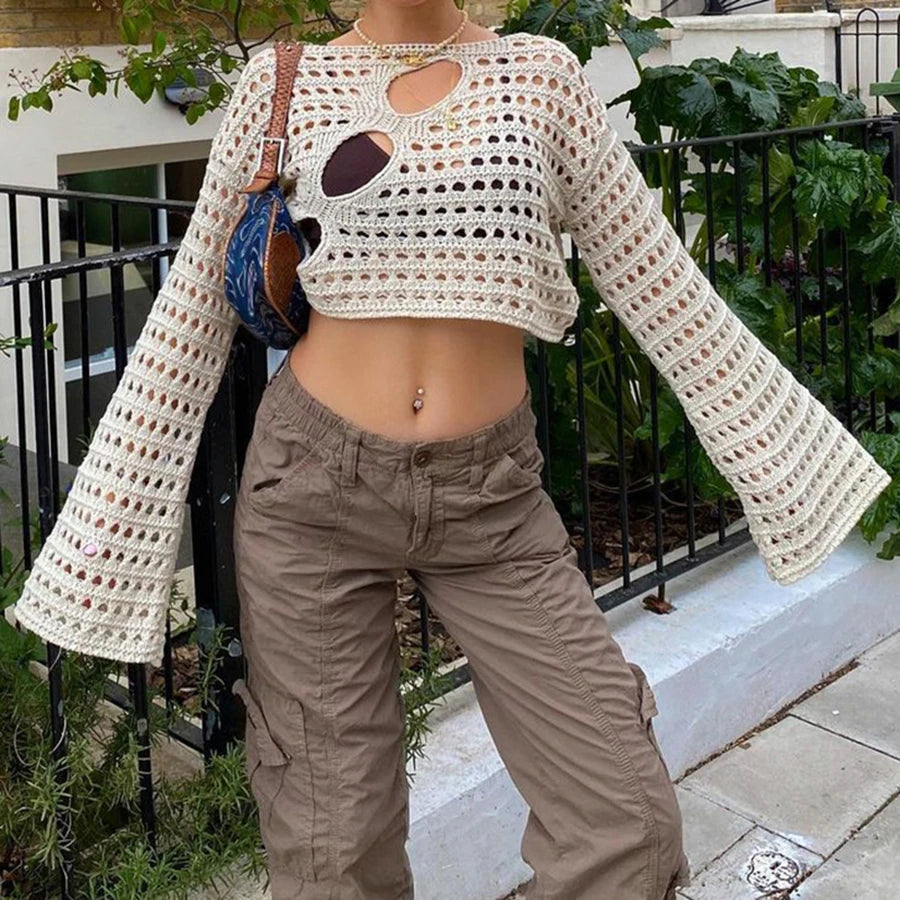 Long Sleeve Hollow Out Sweater Pullovers Oversized Crochet Casual Tops Vintage Cutout Knitwear Streetwear