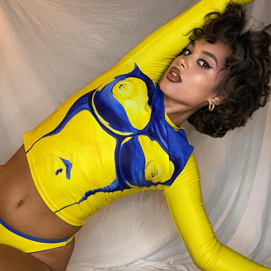 Women's 3D Print Long Sleeve Crop Top - Sexy Bodycon T-Shirt, Yellow Polyester, Slim Fit, Spring 2024